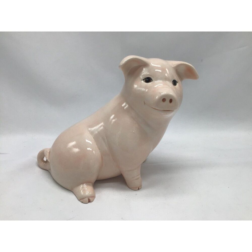 Smiling Happy Pink Pig Ceramic Porcelain Figurine 6 Inch Crazing Farmhouse